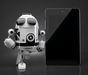 Robot with tablet. Clipping path of robot and screen